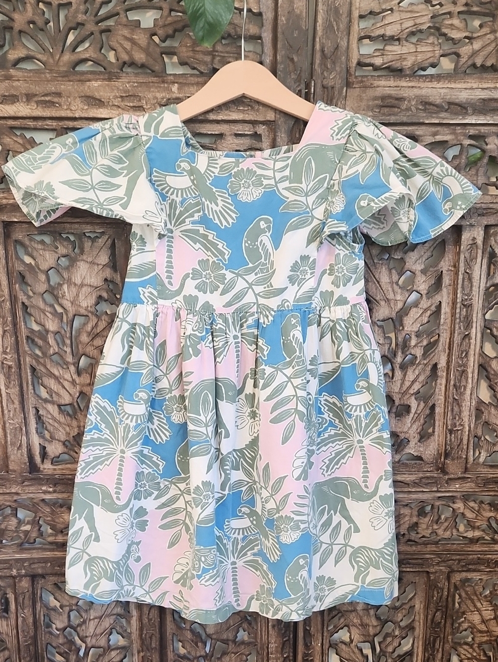 Mini Boden Safari Print Neutral Dress. Sage, Pink, Cream. 6/7 Girl